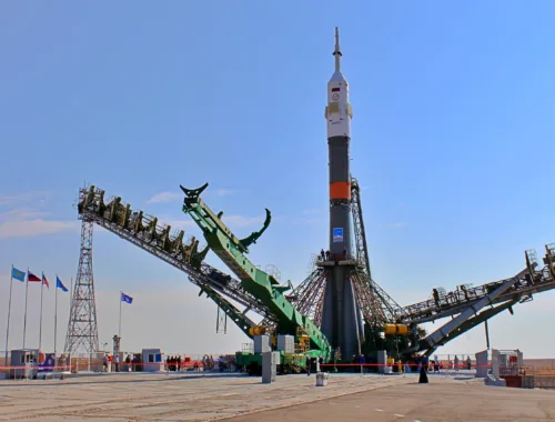 Entdecke Kasachstan - Gagarin-Startplatz mit Sojusrakete im Kosmodrom Baikonur